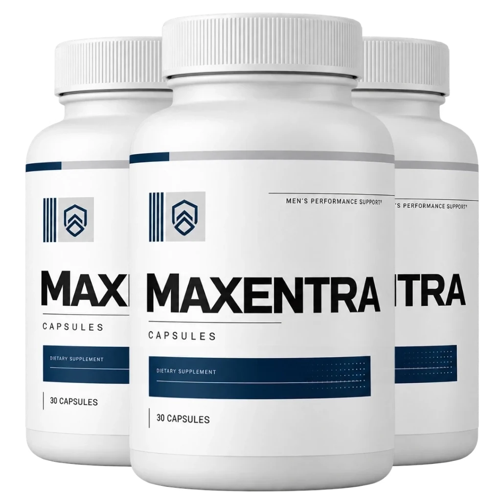 Three bottles of Maxentra men's performance support capsules, official bundle